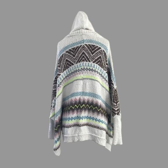 Anthropologie Ivory Fair Isle Chunky Knit Hooded Poncho Sweater XS S - Picture 4 of 8
